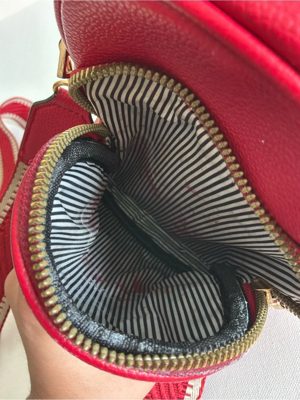 Red Double Zip Crossbody Bag w/ Adjustable Striped Guitar Strap